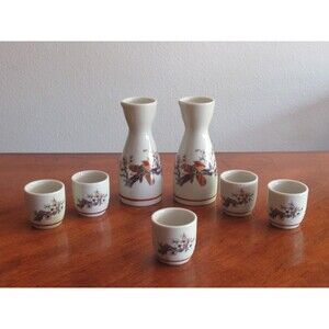 Sake Set 7 Pc 2 Bottle Decanter Pitcher 5 Cups Cherry Blossom Floral Bird Japan